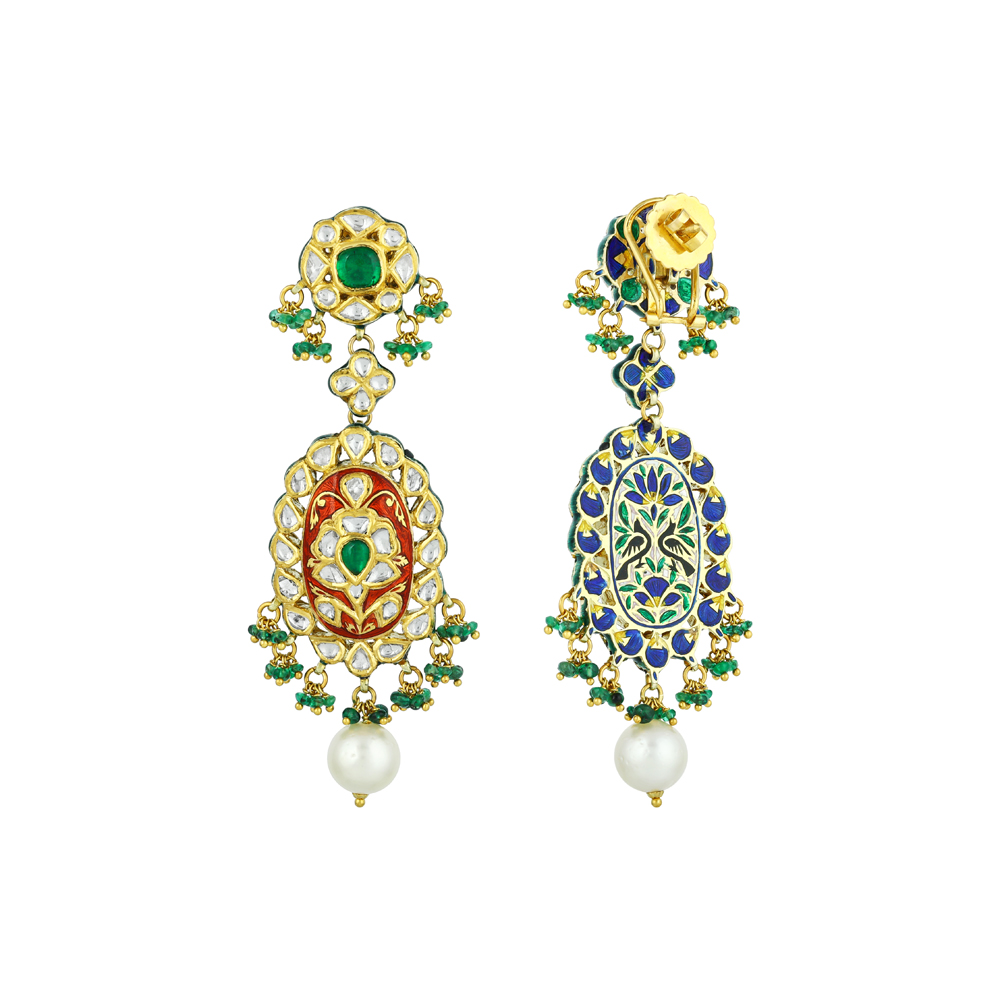 Red Enamel Earrings with Polki, Emerald, Green Beads & Pearl